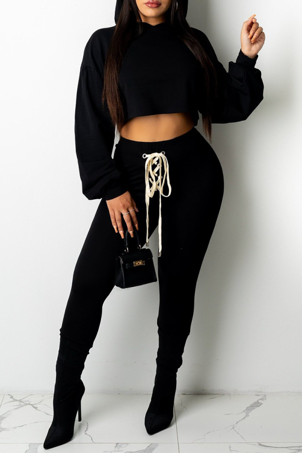 Black Casual Solid Draw String O Neck Long Sleeve Two Pieces