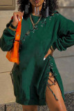 Ink Green Fashion Casual Solid Bandage O Neck Long Sleeve Dresses