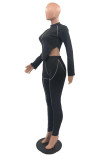 Coffee Fashion Casual Patchwork Asymmetrical O Neck Long Sleeve Two Pieces