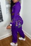 Purple Fashion Casual Print Hollowed Out Zipper Collar Long Sleeve Two Pieces