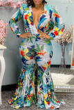Blue Fashion Casual Print Basic V Neck Regular Jumpsuits