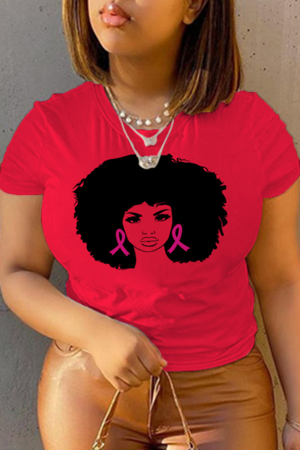 Red Casual Daily Print Patchwork O Neck T-Shirts