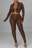 Coffee Fashion Casual Patchwork Asymmetrical O Neck Long Sleeve Two Pieces