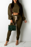 Black Casual Solid Draw String O Neck Long Sleeve Two Pieces