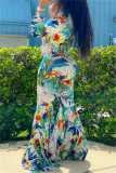 Blue Fashion Casual Print Basic V Neck Regular Jumpsuits