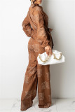 Coffee Fashion Casual Print With Belt Turndown Collar Regular Jumpsuits