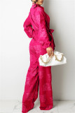 Coffee Fashion Casual Print With Belt Turndown Collar Regular Jumpsuits