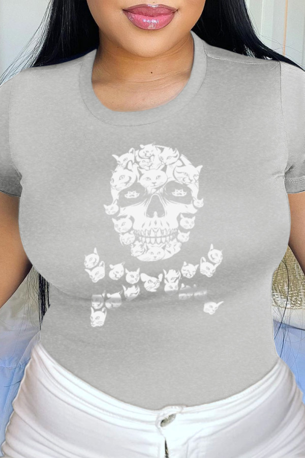Grey Daily Party Print Patchwork O Neck T-Shirts