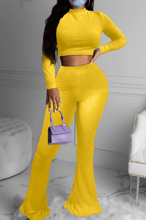 Yellow Fashion Casual Solid Basic O Neck Long Sleeve Two Pieces