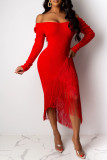 Red Sexy Cap Sleeve Long Sleeves V Neck Asymmetrical Mid-Calf tassel Solid Patchwork