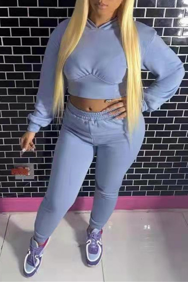 Light Blue Fashion Casual Solid Basic Hooded Collar Long Sleeve Two Pieces