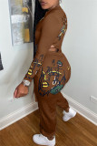 Purple Fashion Casual Print Hollowed Out Zipper Collar Long Sleeve Two Pieces