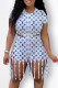 Black Fashion Casual Print Tassel O Neck Short Sleeve Two Pieces