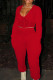 Red Fashion Casual Solid Patchwork V Neck Long Sleeve Two Pieces