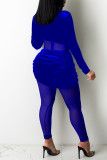 Blue Sexy Solid Split Joint See-through Turtleneck Regular Jumpsuits