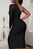 Black Sexy Solid Hollowed Out Patchwork Asymmetrical Oblique Collar One Step Skirt Dresses