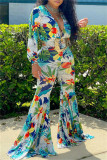 Blue Fashion Casual Print Basic V Neck Regular Jumpsuits