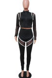 Black Casual Print Patchwork See-through Zipper Collar Long Sleeve Two Pieces