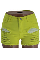 Yellow Denim Button Fly Sleeveless Mid Patchwork Hole Solid Straight shorts Shorts