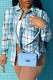 Blue Pre-sale Fashion Casual Plaid Print Cardigan Turndown Collar Tops
