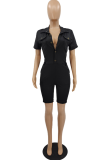 Black Sexy Solid Patchwork Turndown Collar Skinny Rompers