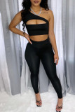 Black Fashion Sexy Solid Hollowed Out One Shoulder Sleeveless Two Pieces