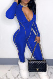 Red Casual Solid Patchwork Zipper Collar Skinny Jumpsuits