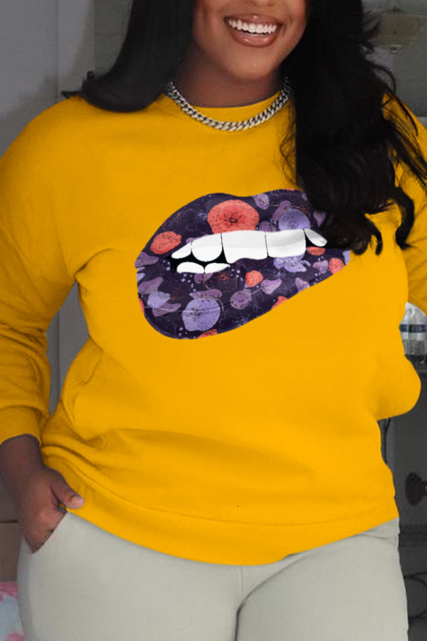 Yellow Casual Street Print Patchwork O Neck Tops