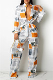 Coffee Fashion Casual Print With Belt Turndown Collar Regular Jumpsuits