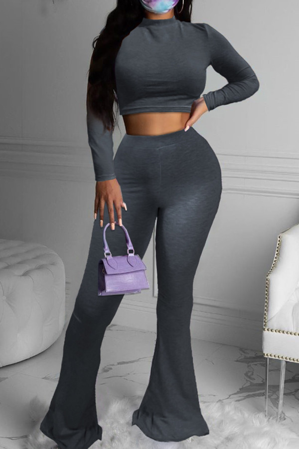 Dark Gray Fashion Casual Solid Basic O Neck Long Sleeve Two Pieces