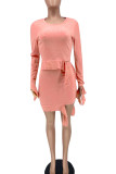 Pink Casual Sweet Solid Patchwork Asymmetrical O Neck Long Sleeve Two Pieces