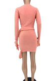 Pink Casual Sweet Solid Patchwork Asymmetrical O Neck Long Sleeve Two Pieces