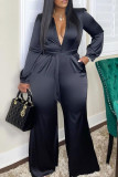 Black Pre-sale Fashion Casual Solid Basic V Neck Long Sleeve Regular Jumpsuits