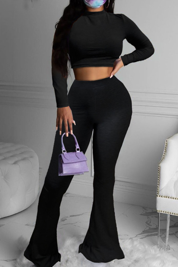 Black Fashion Casual Solid Basic O Neck Long Sleeve Two Pieces