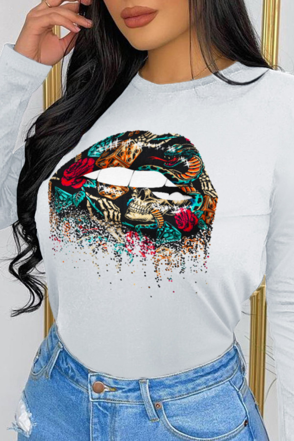White Casual Street Print Patchwork O Neck Tops
