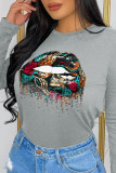 Grey Casual Street Print Patchwork O Neck Tops