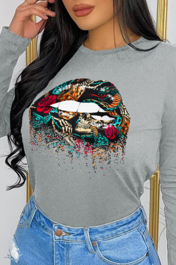 Grey Casual Street Print Patchwork O Neck Tops