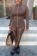 Coffee Fashion Casual Patchwork Asymmetrical O Neck Long Sleeve Two Pieces