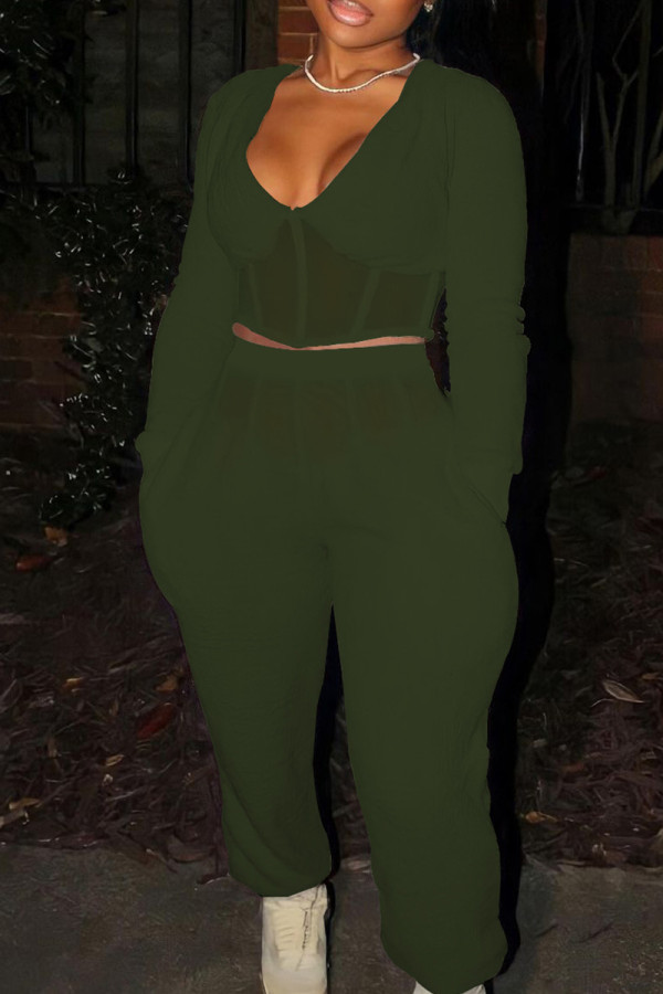 Ink Green Fashion Casual Solid Patchwork V Neck Long Sleeve Two Pieces