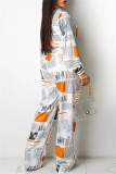 Coffee Fashion Casual Print With Belt Turndown Collar Regular Jumpsuits