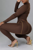 Coffee Fashion Casual Patchwork Asymmetrical O Neck Long Sleeve Two Pieces