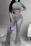 Pink Fashion Casual Solid Basic O Neck Long Sleeve Two Pieces