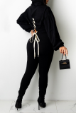 Black Casual Solid Draw String O Neck Long Sleeve Two Pieces