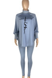 Coffee Casual Print Patchwork Asymmetrical Turtleneck Long Sleeve Two Pieces