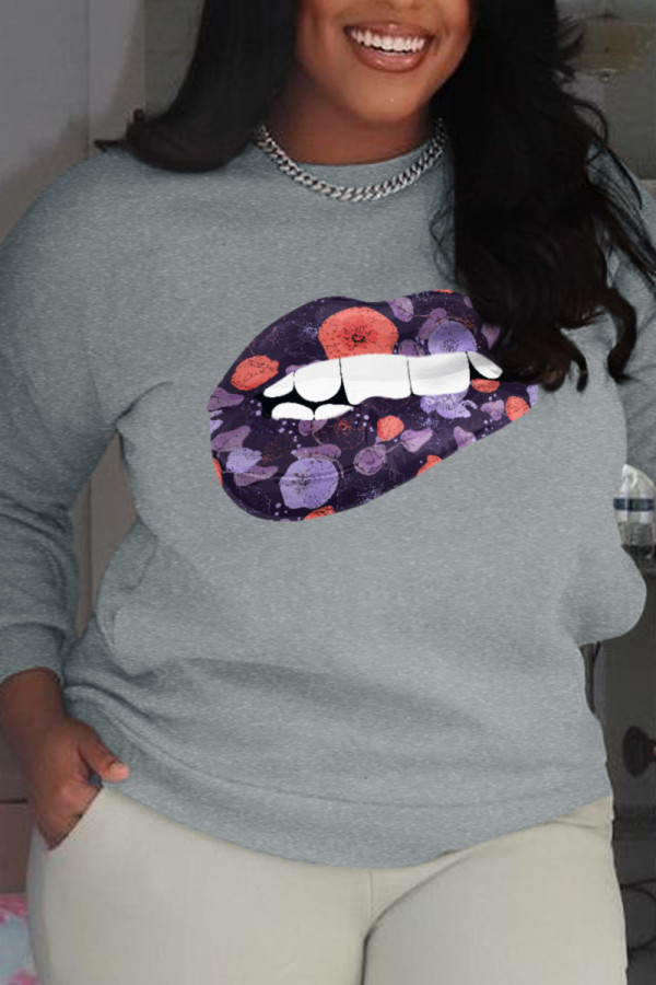 Grey Casual Street Print Patchwork O Neck Tops
