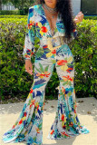 Blue Fashion Casual Print Basic V Neck Regular Jumpsuits
