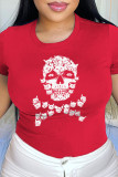 Red Daily Party Print Patchwork O Neck T-Shirts