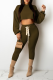 Army Green Casual Solid Draw String O Neck Long Sleeve Two Pieces