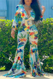 Blue Fashion Casual Print Basic V Neck Regular Jumpsuits