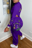 Purple Fashion Casual Print Hollowed Out Zipper Collar Long Sleeve Two Pieces
